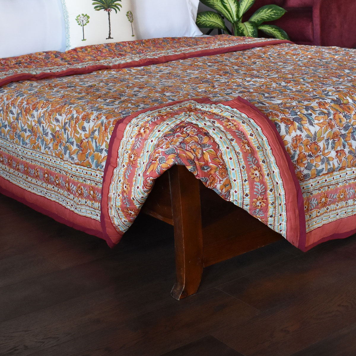 Hand Block Printed Cotton Queen Size Quilt  Sadabahar Orange 251204