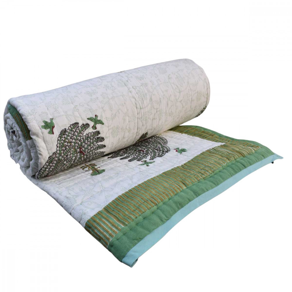 Image of Hand Block Printed Cotton King Size Quilt | Arabian Bird Green 205320