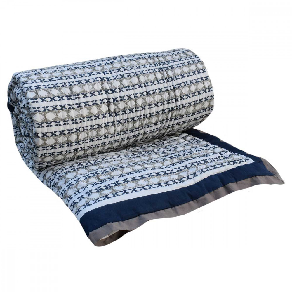 Image of Hand Block Printed Cotton Medium Size Quilt | Nordic Blue Greystone Stripe 202527