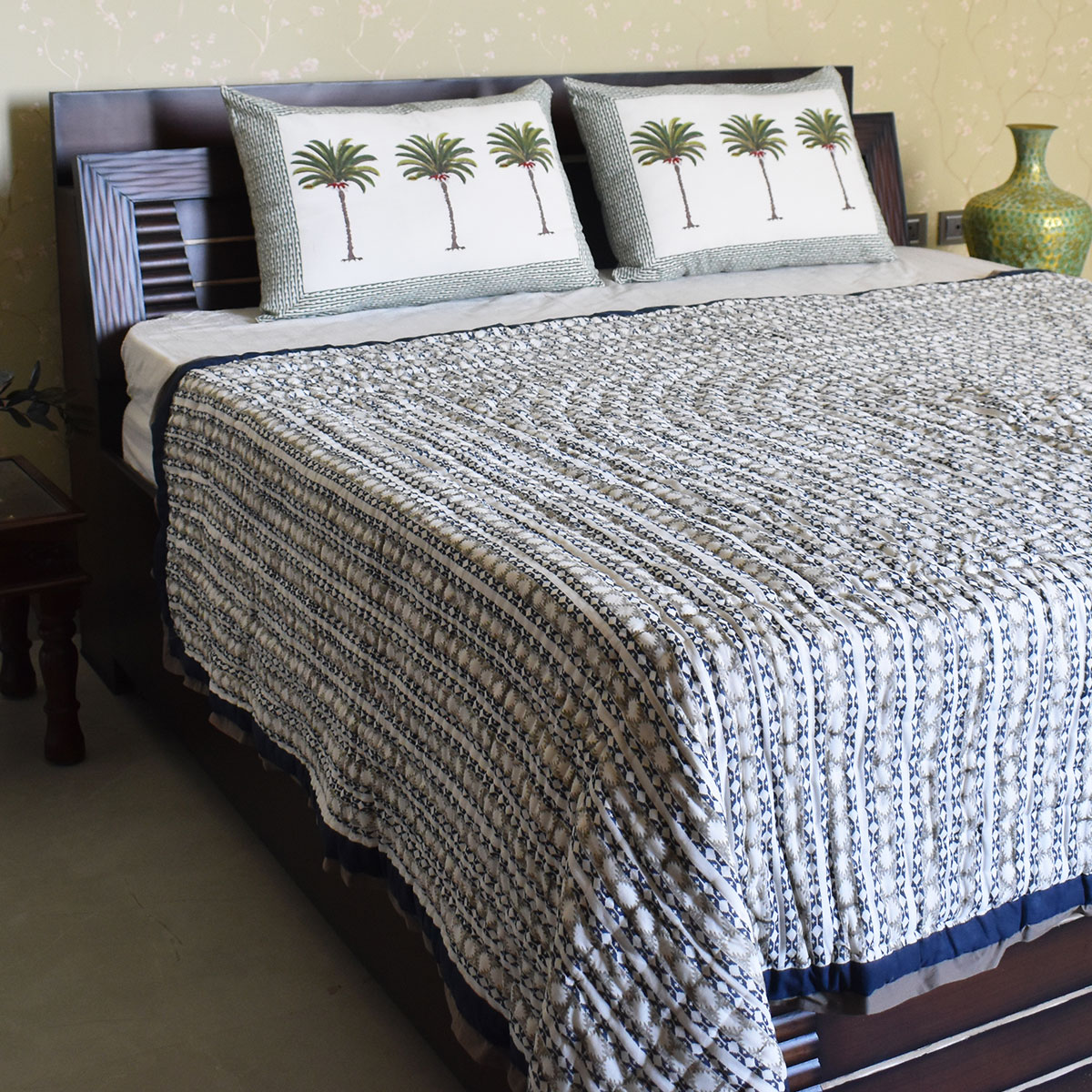 Hand Block Printed Cotton Medium Size Quilt Nordic Blue Greystone Stripe 202527