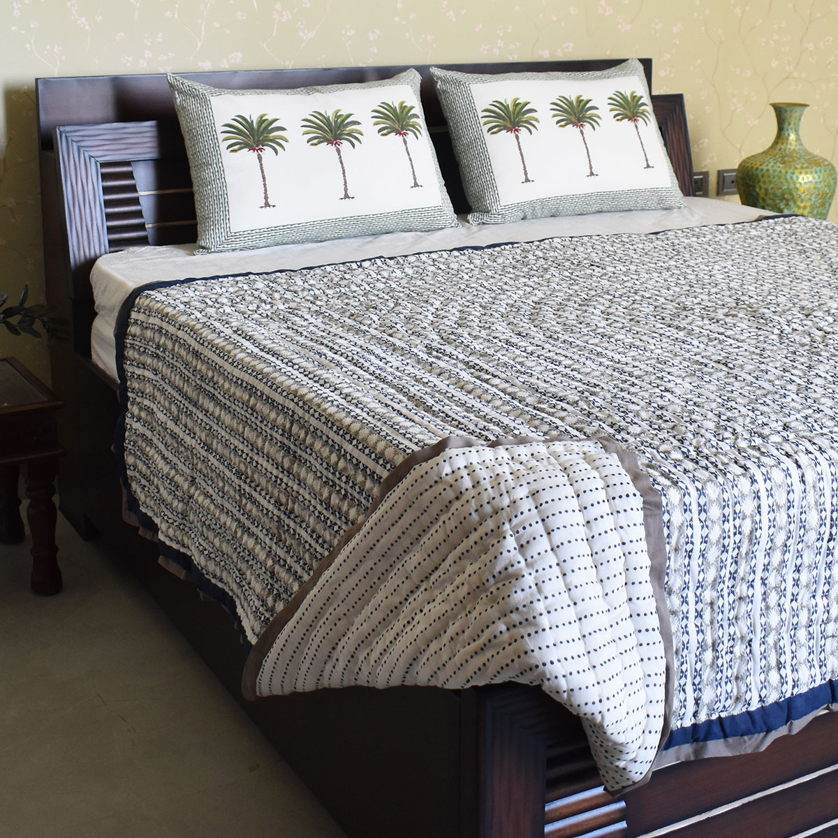 Hand Block Printed Cotton Medium Size Quilt Nordic Blue Greystone Stripe 202527