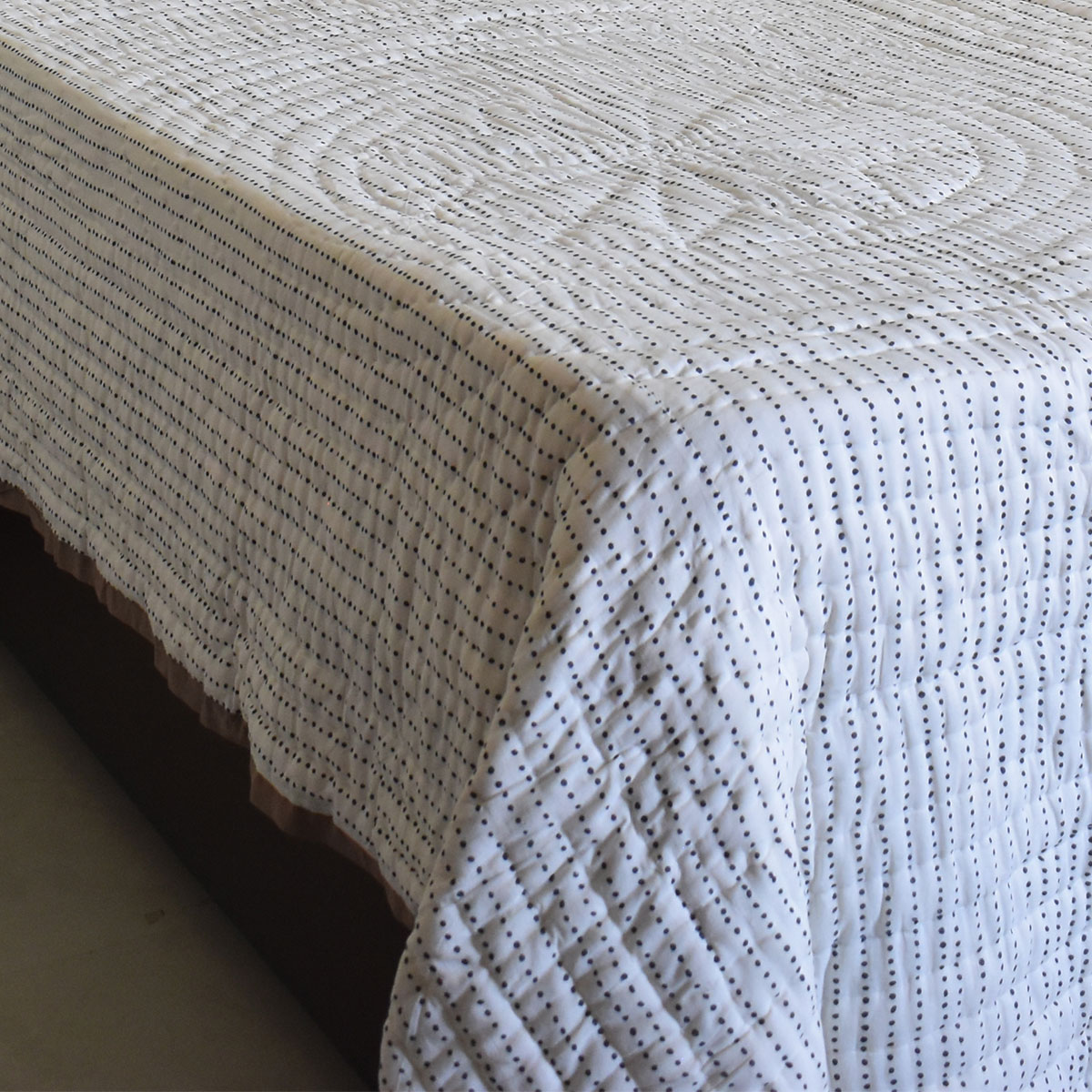 Hand Block Printed Cotton Medium Size Quilt  Nordic Blue Greystone Stripe 202527