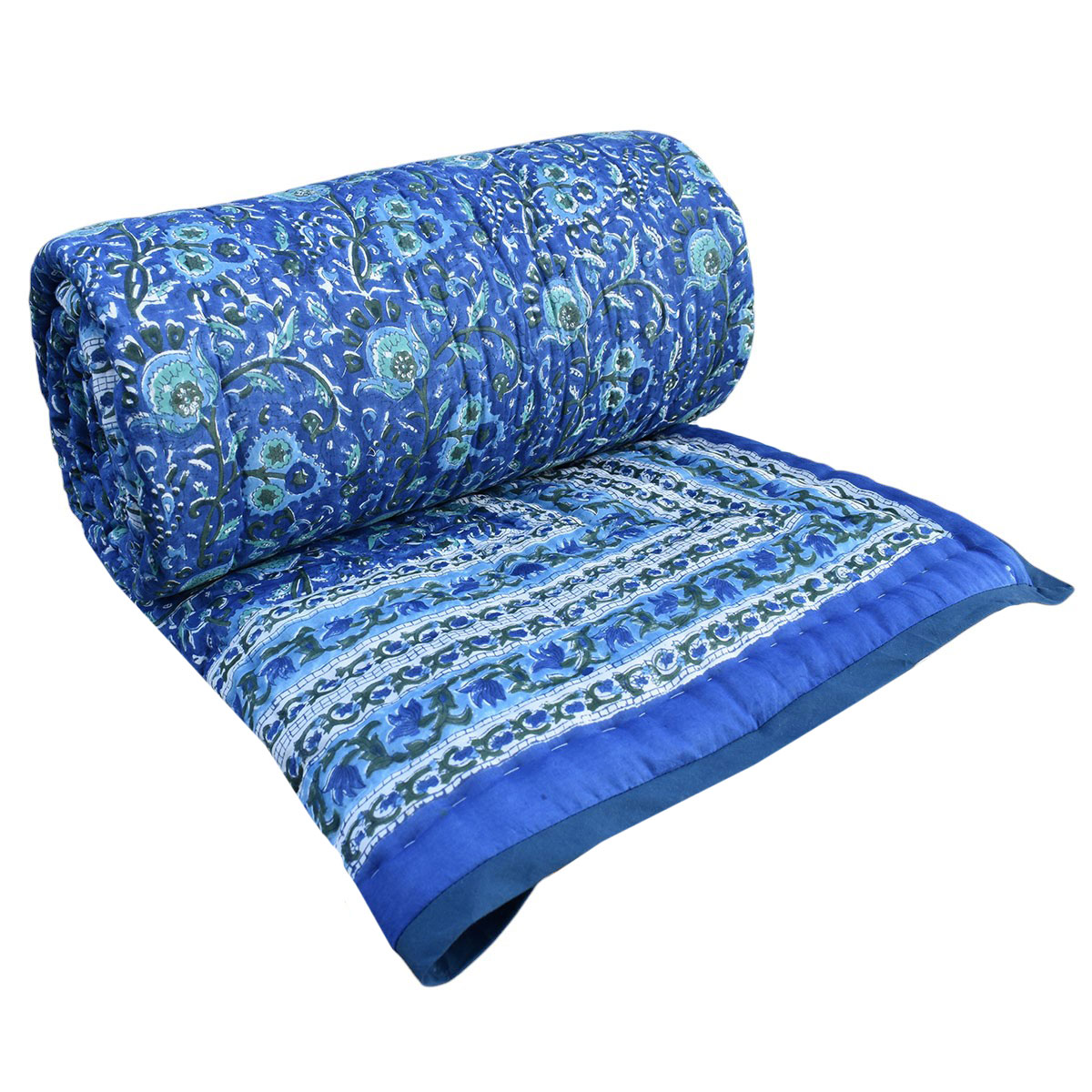 Hand Block Printed Cotton Queen Size Quilt Blue Berry Blossom 251203