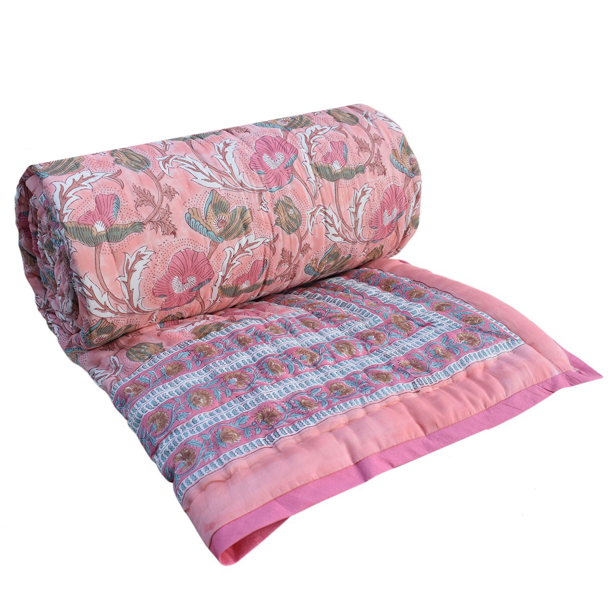 Hand Block Printed Cotton Queen Size Quilt Pink Red Phool 906188