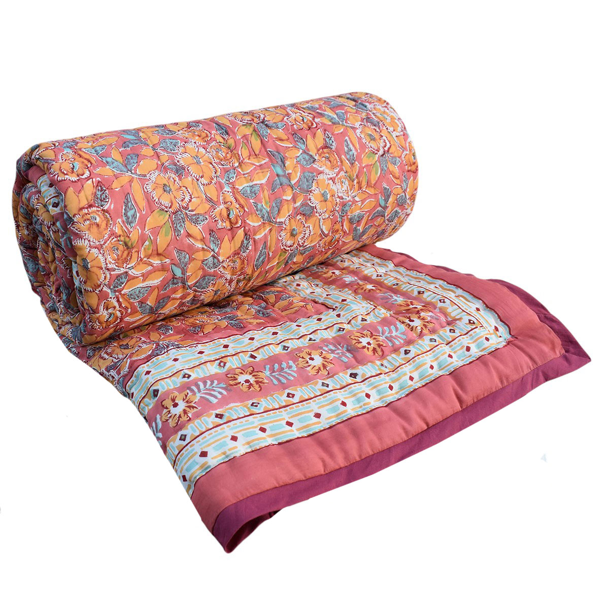 Hand Block Printed Cotton Queen Size Quilt  Sadabahar Orange 251204