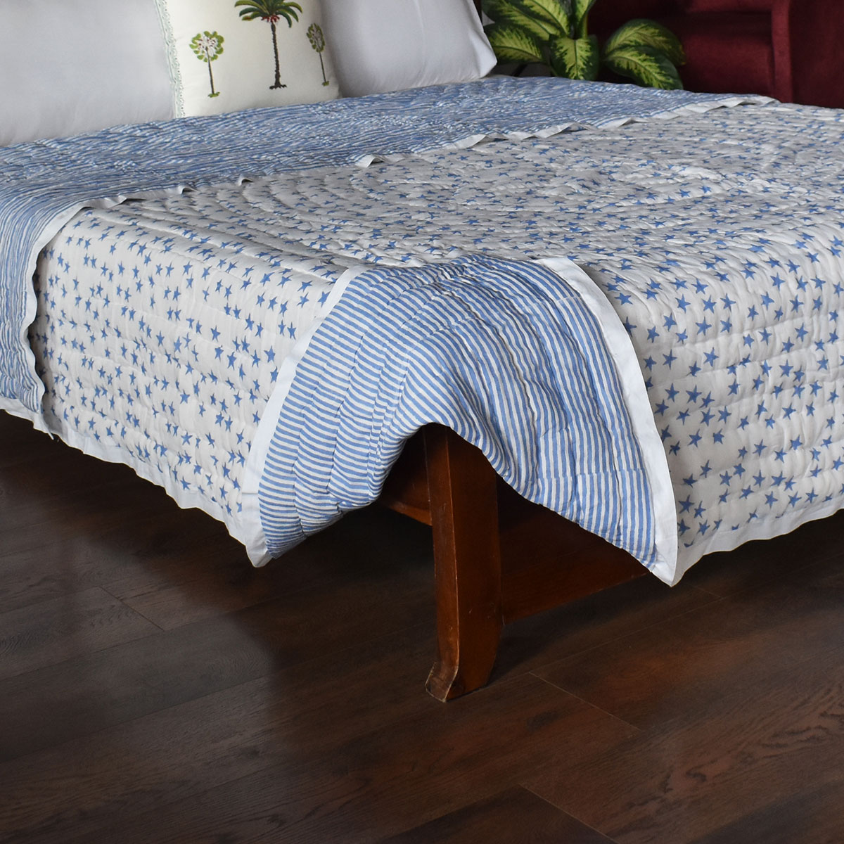 Hand Block Printed Cotton Twin Size Quilt Star Blue 202509
