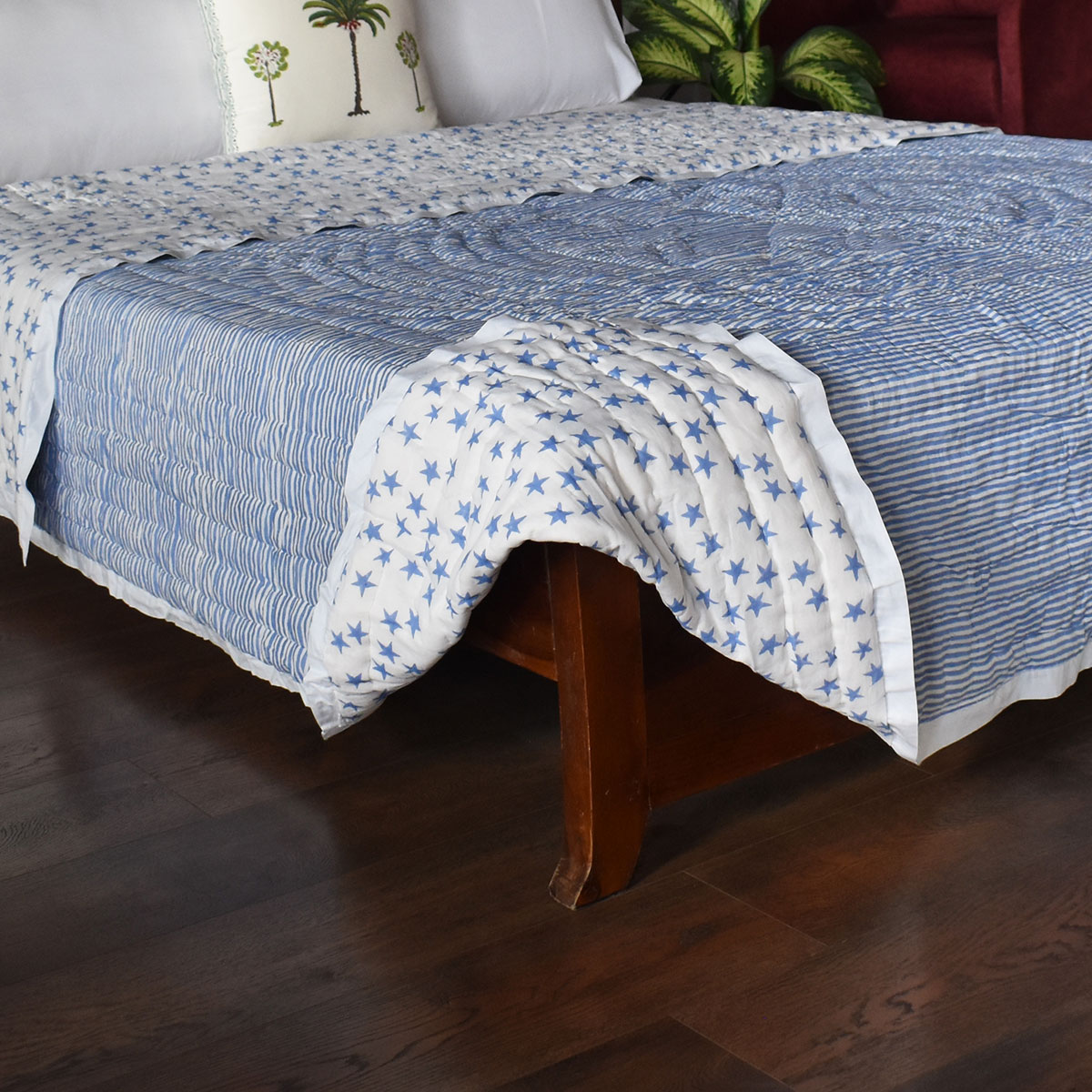 Hand Block Printed Cotton Twin Size Quilt Star Blue 202509