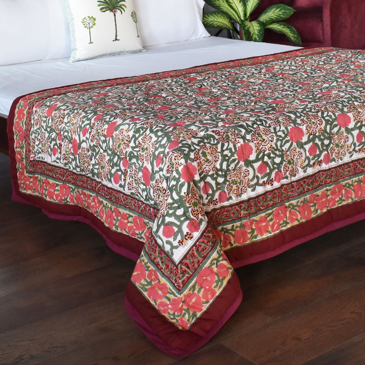 Hand Block Printed Cotton Twin Size Quilt   Autumn Amber 251209