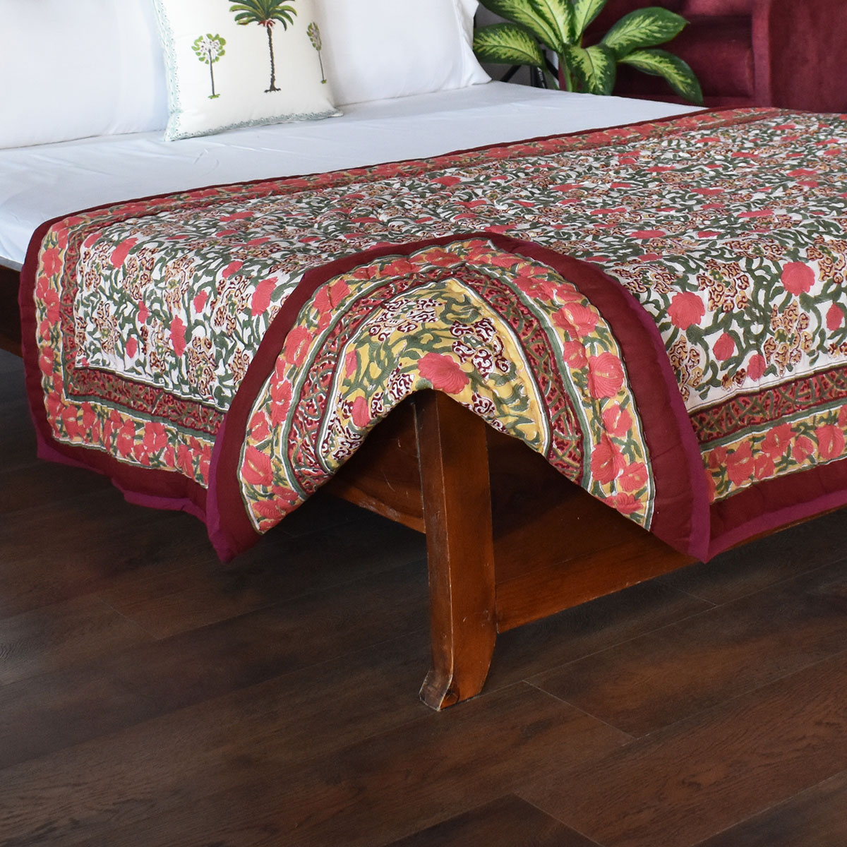 Hand Block Printed Cotton Twin Size Quilt   Autumn Amber 251209