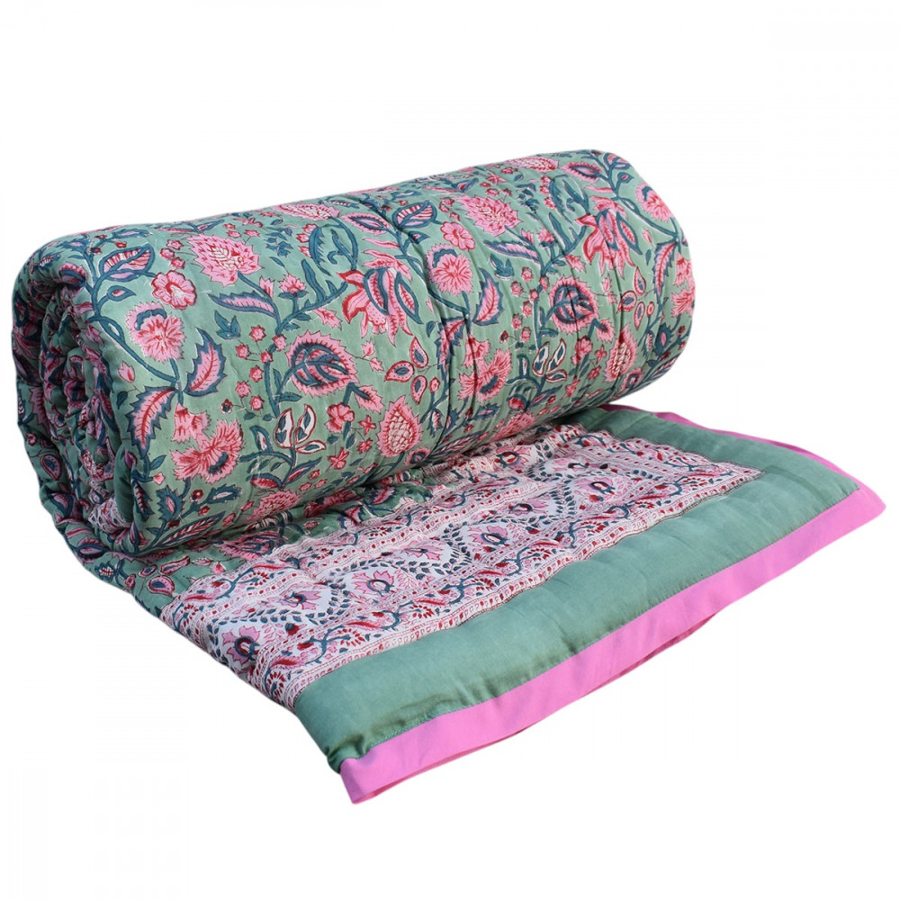 Image of Hand Block Printed Cotton Twin Size Quilt |Begonia Pink 122680
