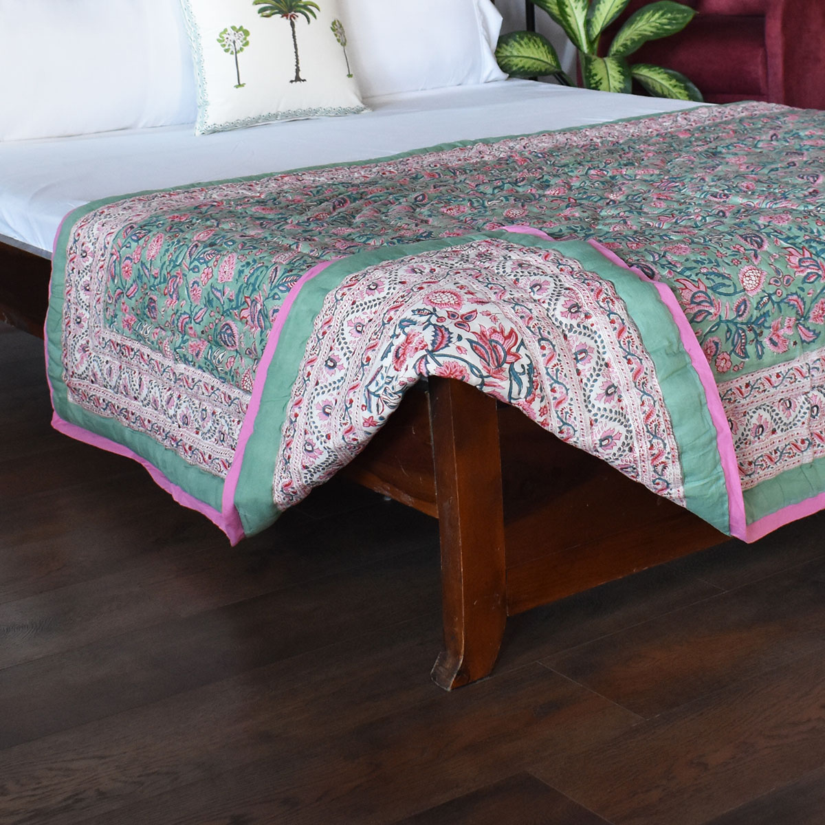 Hand Block Printed Cotton Twin Size Quilt Begonia Pink 122680