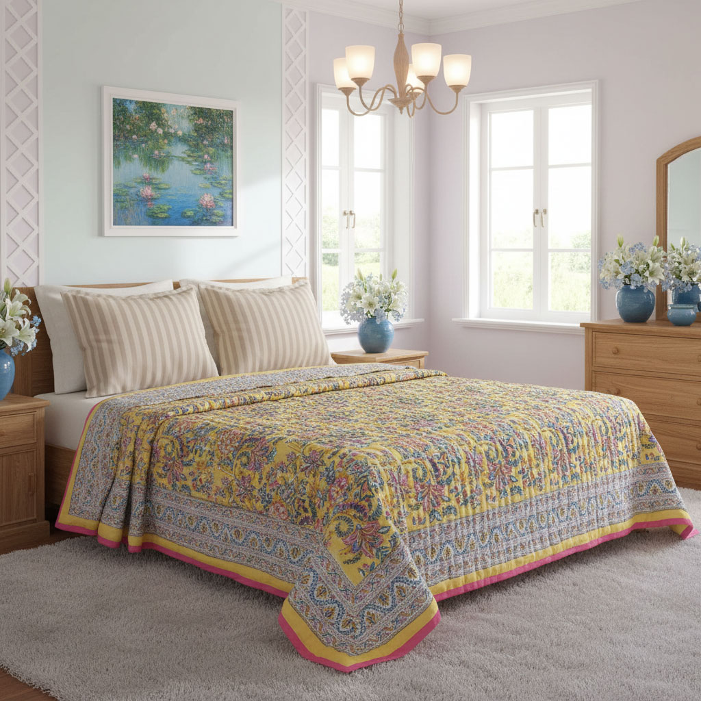 Hand Block Printed Cotton Twin Size Quilt Bela Lime 906220