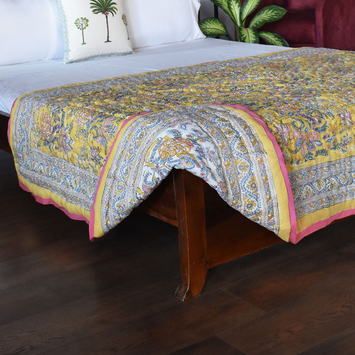 Hand Block Printed Cotton Twin Size Quilt Bela Lime 906220