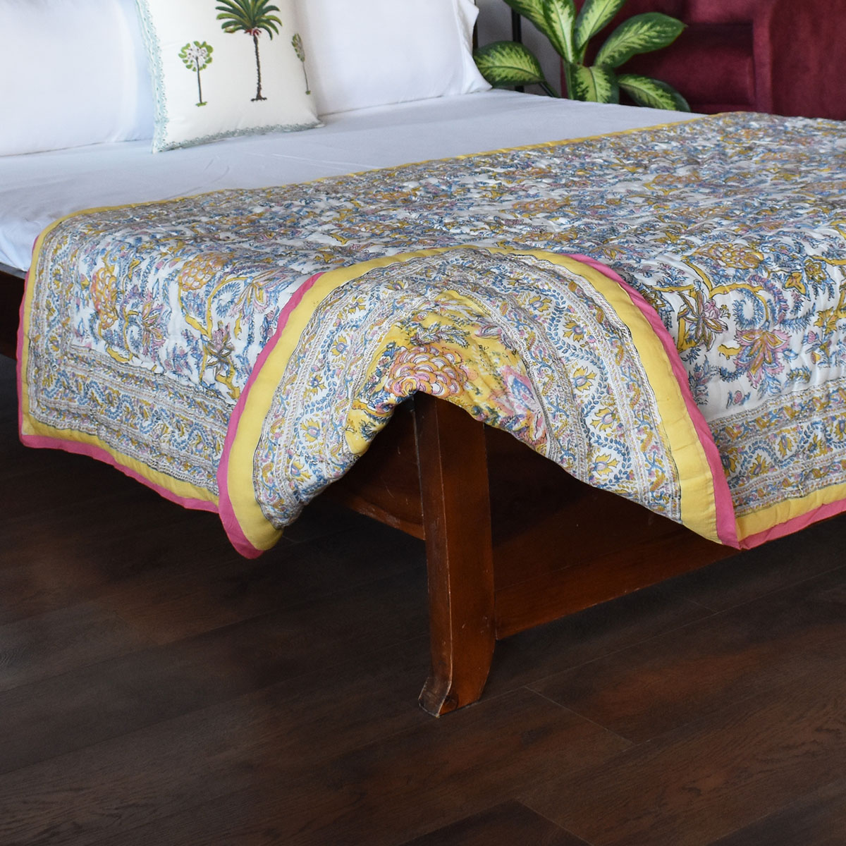 Hand Block Printed Cotton Twin Size Quilt Bela Lime 906220