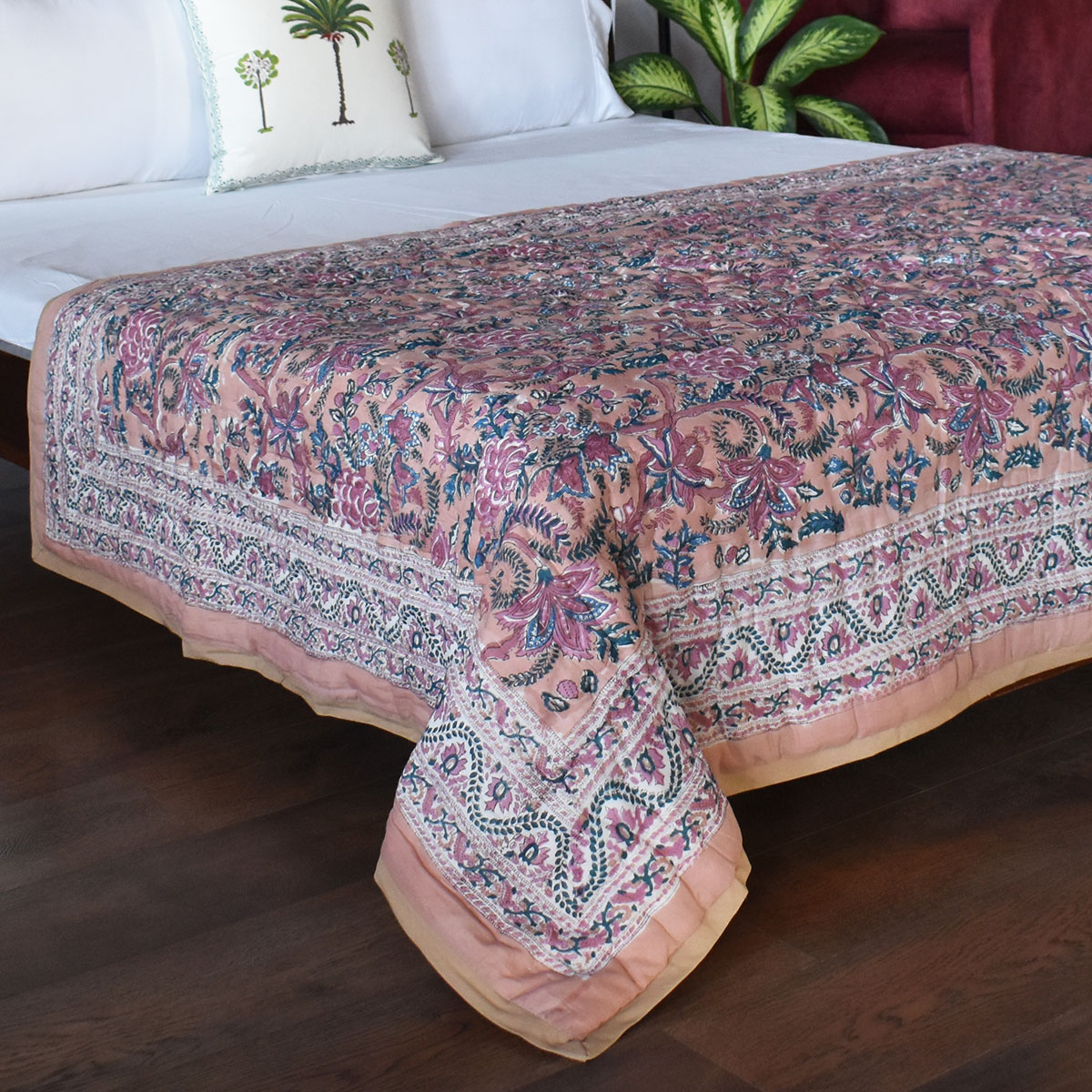 Hand Block Printed Cotton Twin Size Quilt Bela Maroon 303588