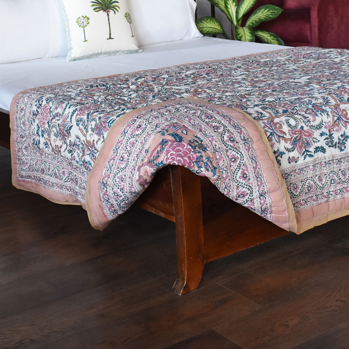 Hand Block Printed Cotton Twin Size Quilt Bela Maroon 303588