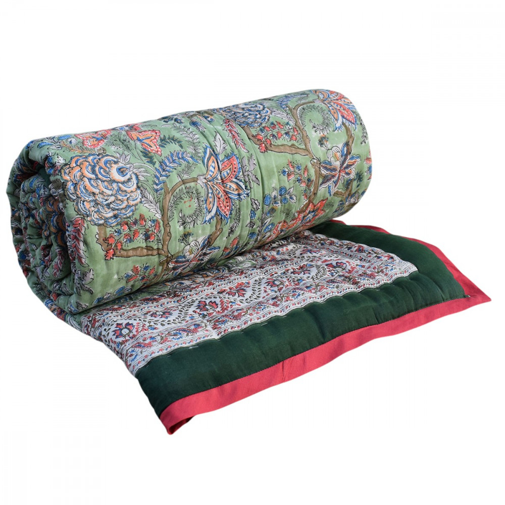 Image of Hand Block Printed Cotton Twin Size Quilt |  Bela Mint Green 251207