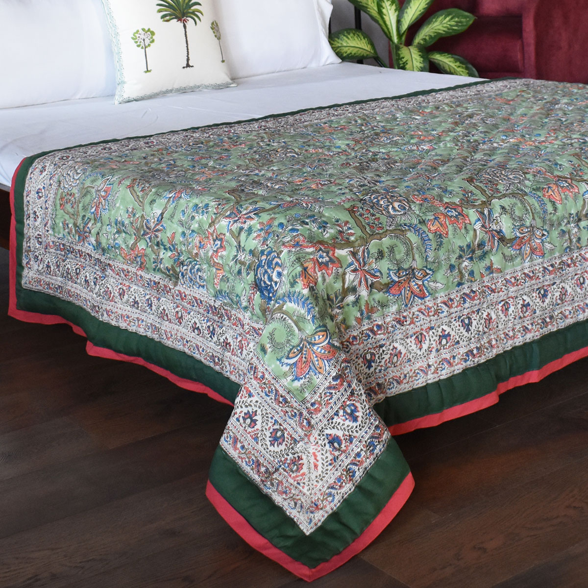 Hand Block Printed Cotton Twin Size Quilt Bela Mint Green 251207