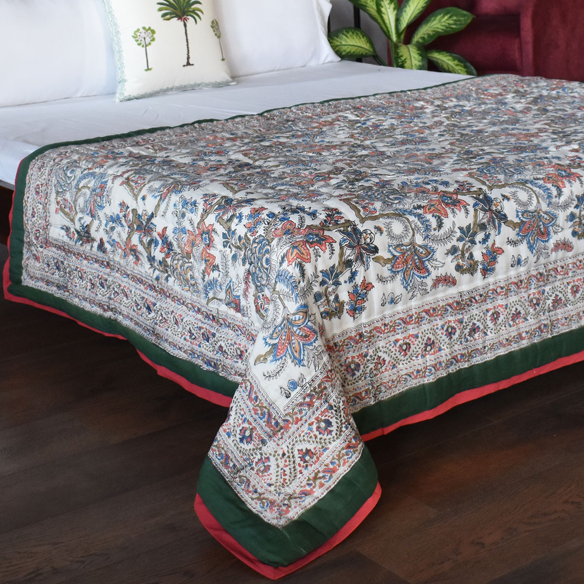 Hand Block Printed Cotton Twin Size Quilt   Bela Mint Green 251207