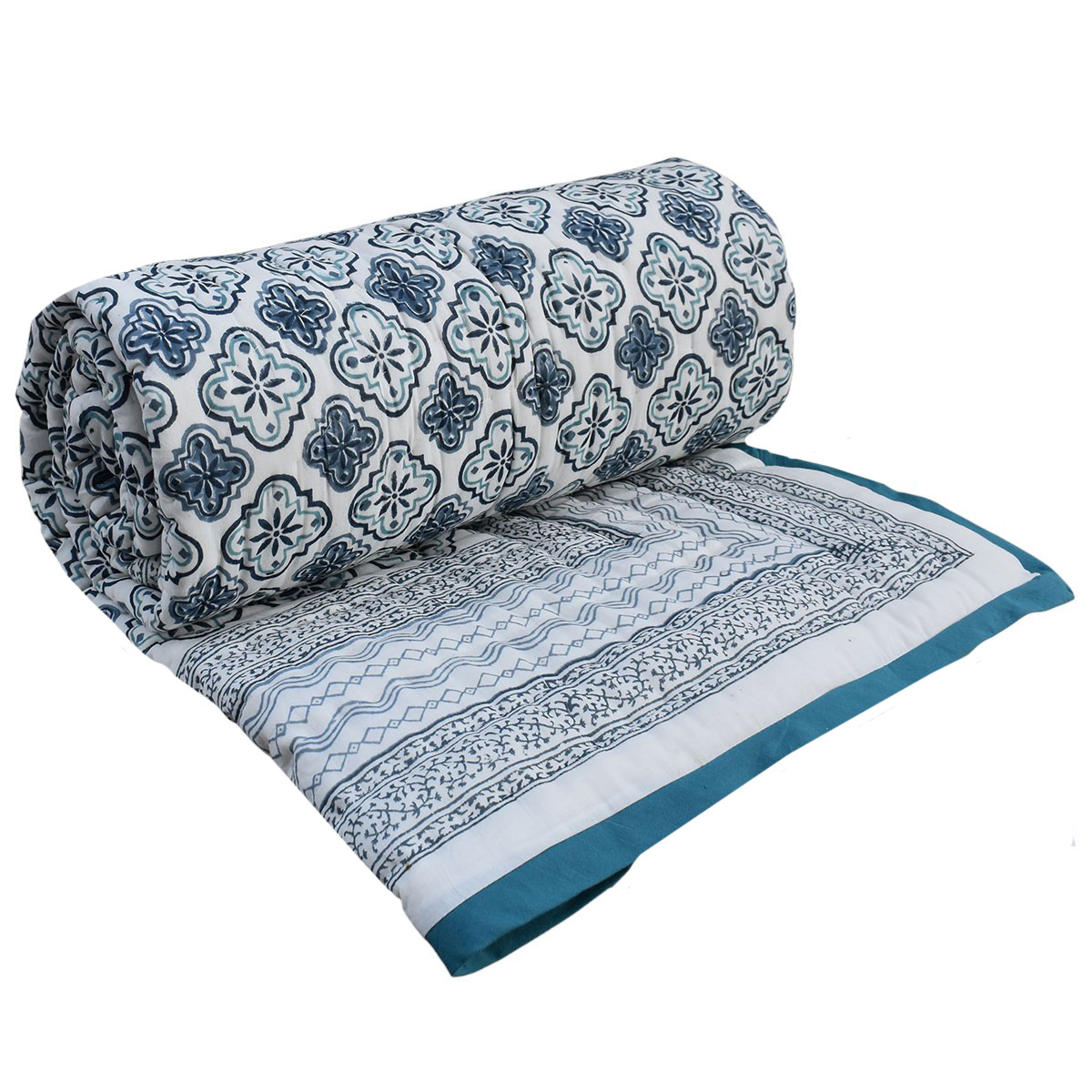 Hand Block Printed Cotton Twin Size Quilt   Cross Star Blue 251211