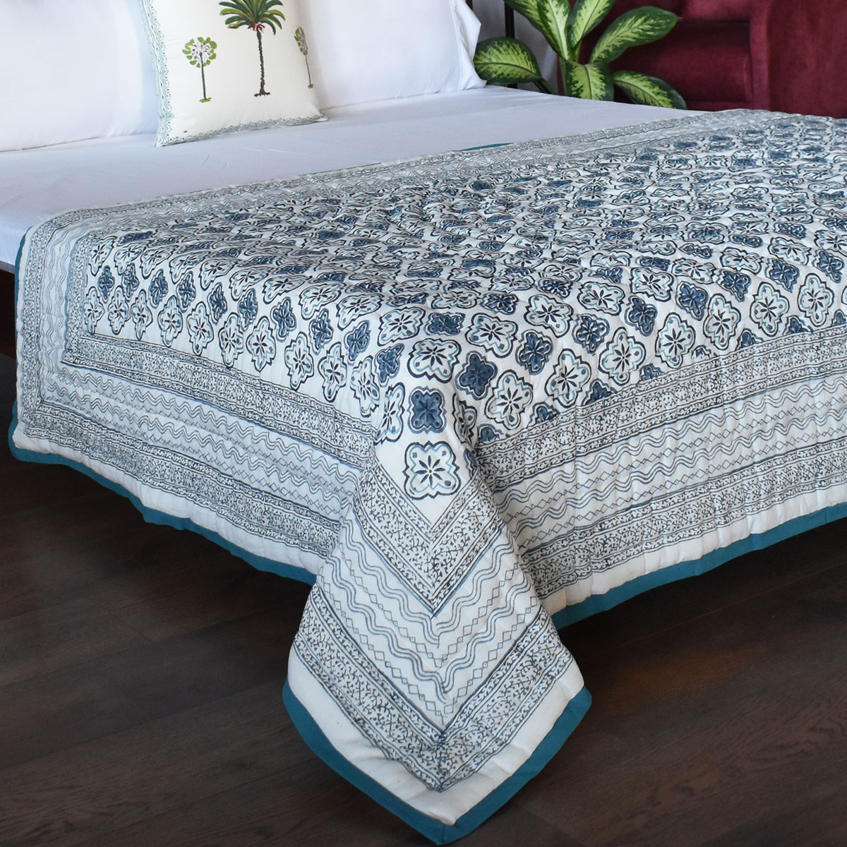 Hand Block Printed Cotton Twin Size Quilt   Cross Star Blue 251211