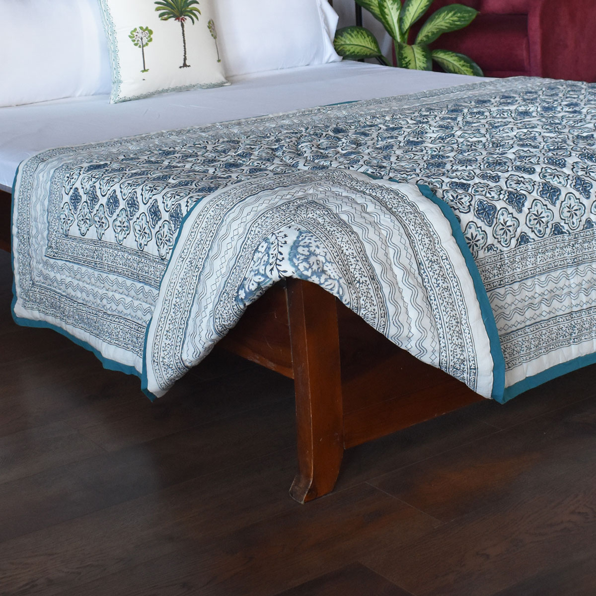 Hand Block Printed Cotton Twin Size Quilt   Cross Star Blue 251211