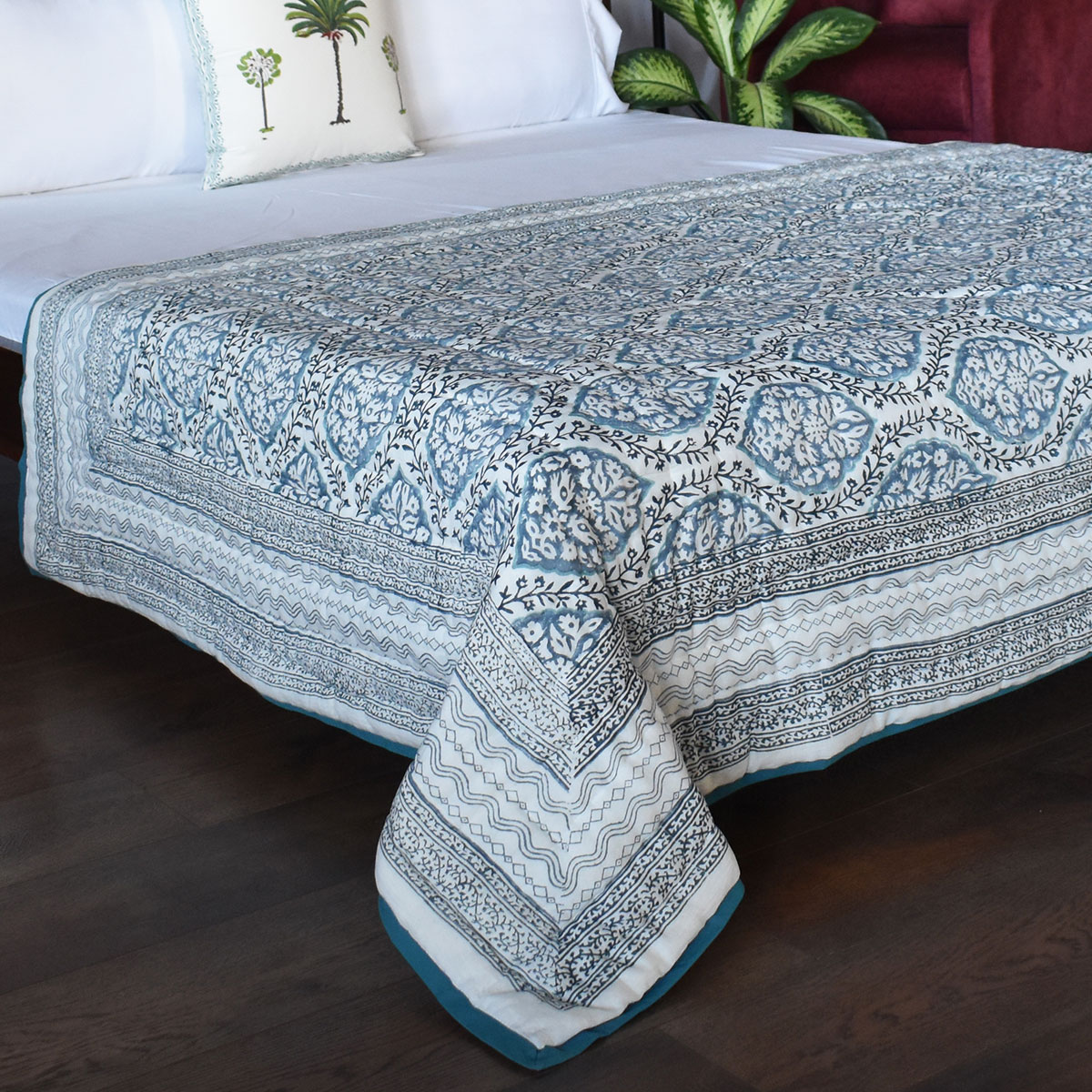 Hand Block Printed Cotton Twin Size Quilt   Cross Star Blue 251211