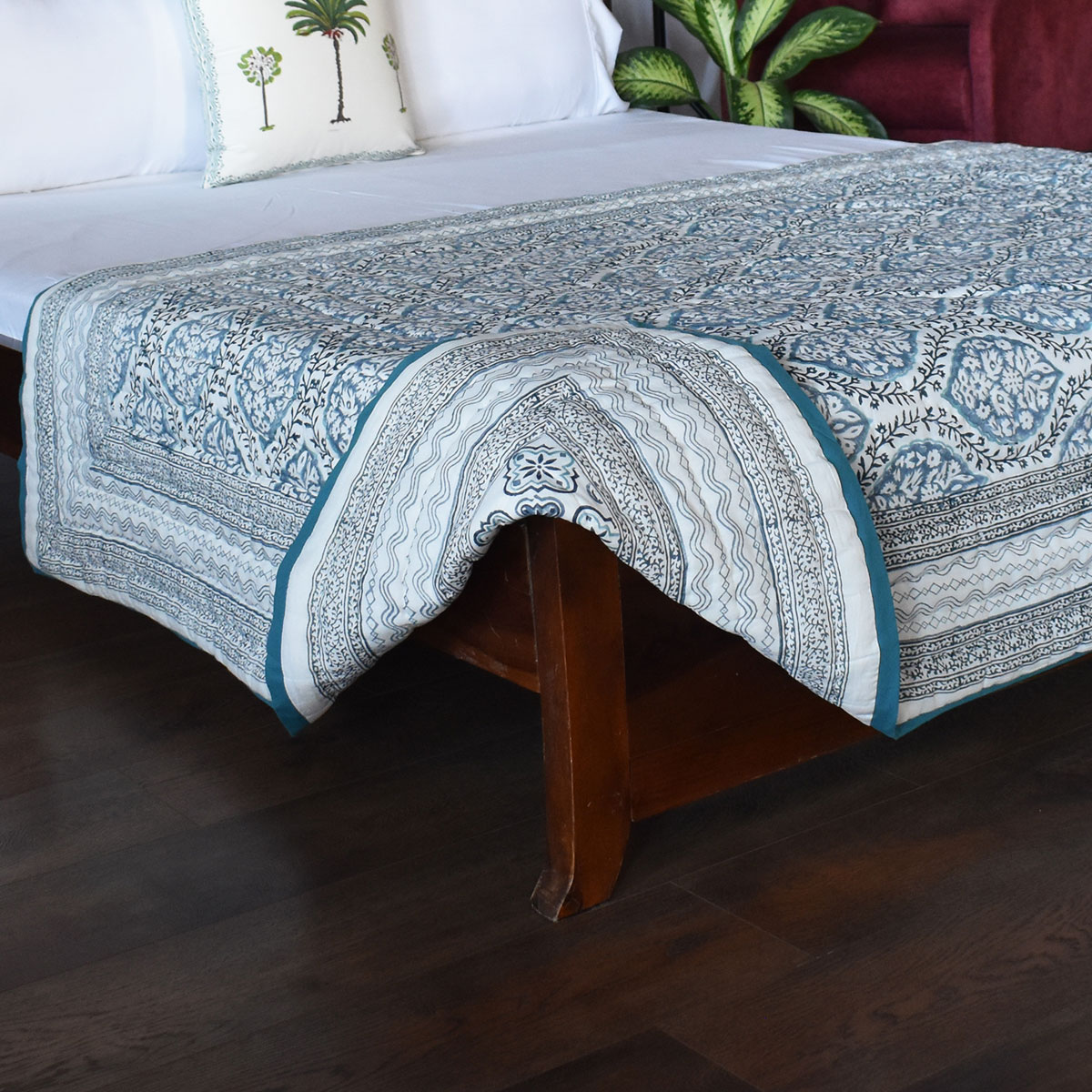 Hand Block Printed Cotton Twin Size Quilt Cross Star Blue 251211