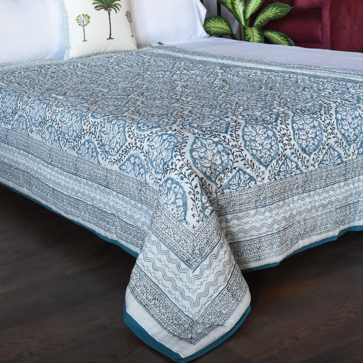 Hand Block Printed Cotton Twin Size Quilt   Cross Star Blue 251211