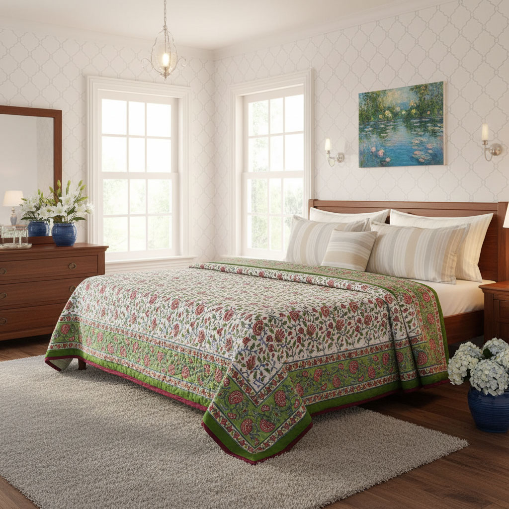 Hand Block Printed Cotton Twin Size Quilt Dawn Glory 251205