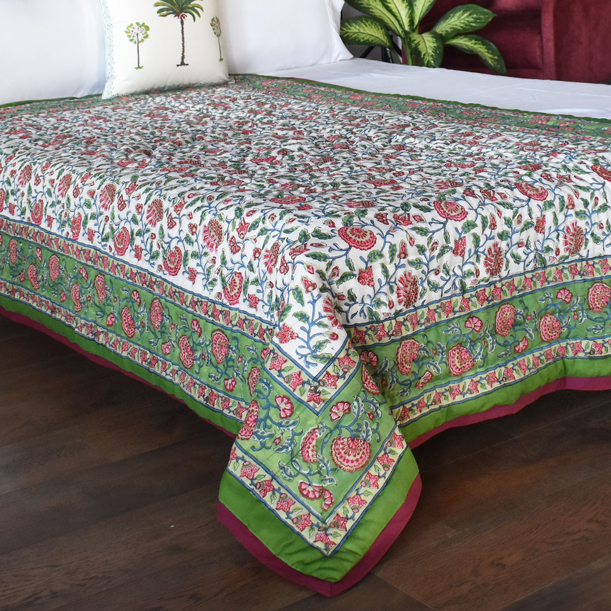 Hand Block Printed Cotton Twin Size Quilt Dawn Glory 251205