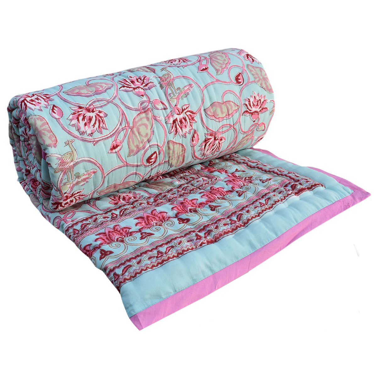 Hand Block Printed Cotton Twin Size Quilt   Lotus Lake Jade 202202