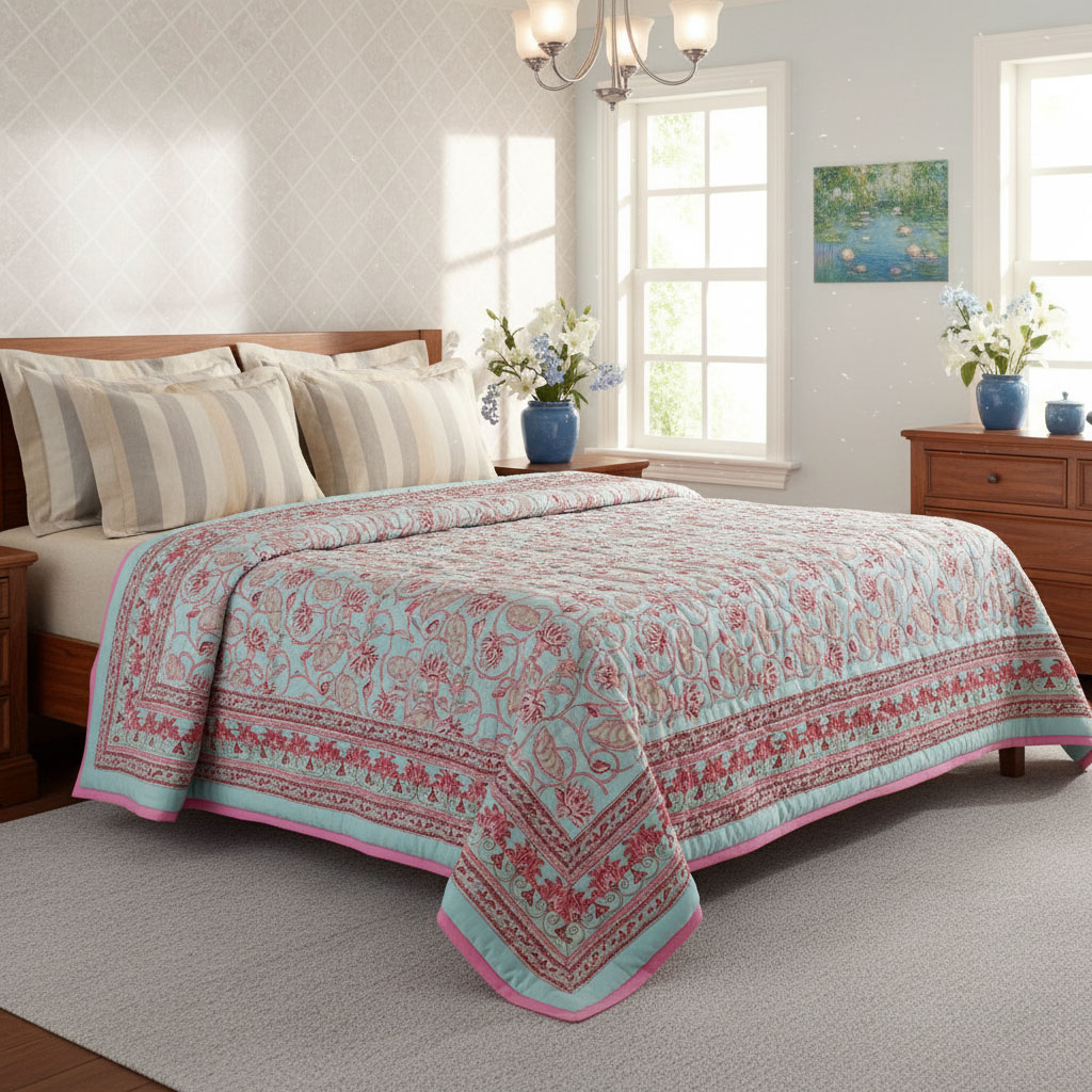 Hand Block Printed Cotton Twin Size Quilt Lotus Lake Jade 202202