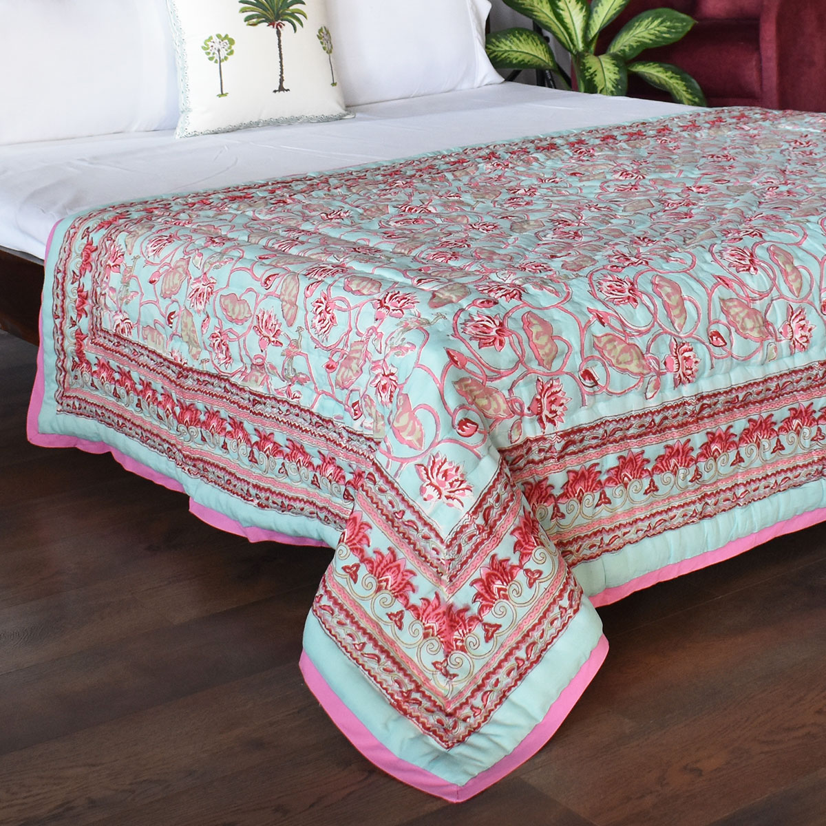 Hand Block Printed Cotton Twin Size Quilt   Lotus Lake Jade 202202