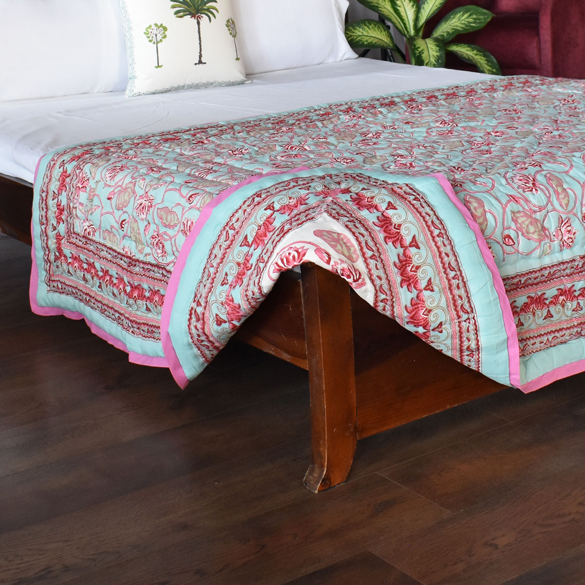 Hand Block Printed Cotton Twin Size Quilt   Lotus Lake Jade 202202