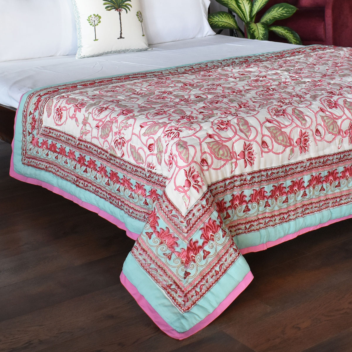 Hand Block Printed Cotton Twin Size Quilt   Lotus Lake Jade 202202