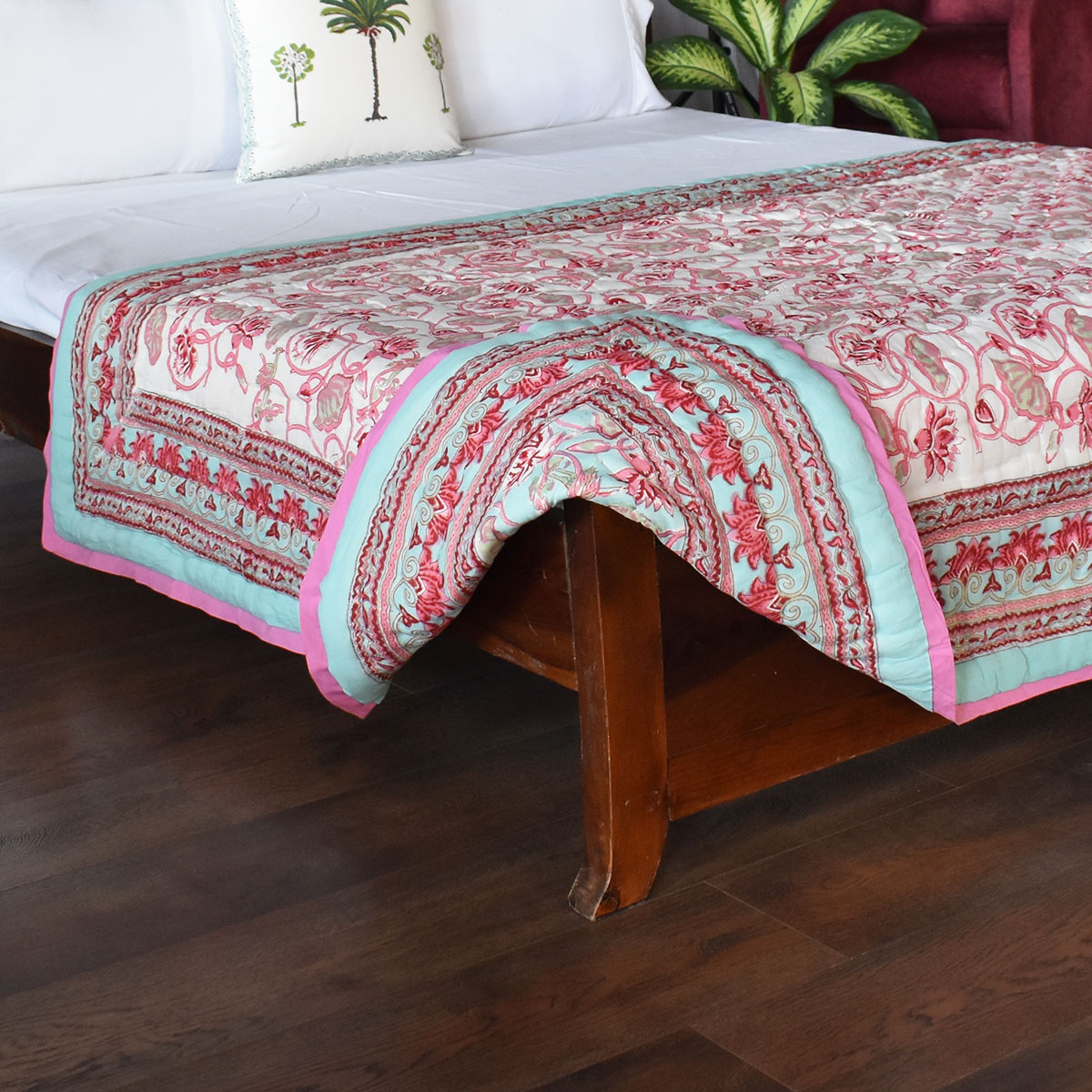 Hand Block Printed Cotton Twin Size Quilt Lotus Lake Jade 202202