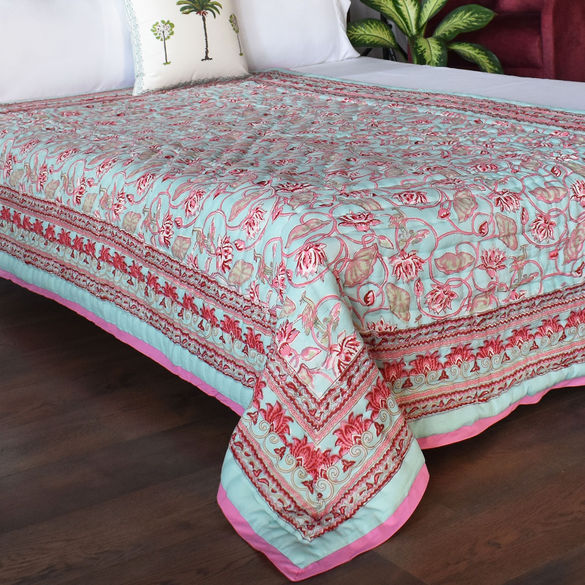 Hand Block Printed Cotton Twin Size Quilt   Lotus Lake Jade 202202