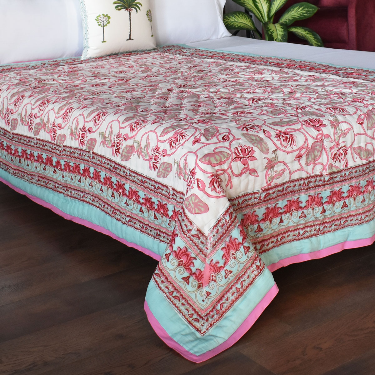 Hand Block Printed Cotton Twin Size Quilt   Lotus Lake Jade 202202