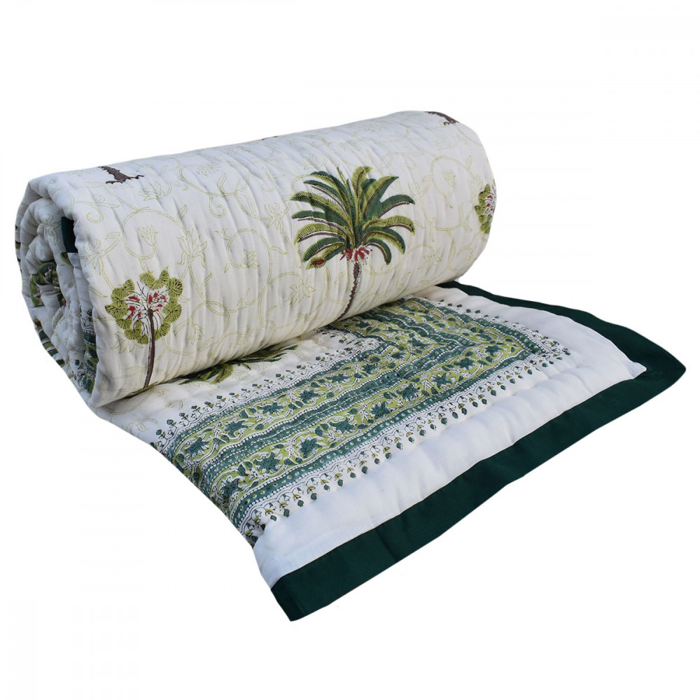 Image of Hand Block Printed Cotton Twin Size Quilt | Palm Tree Green 109024