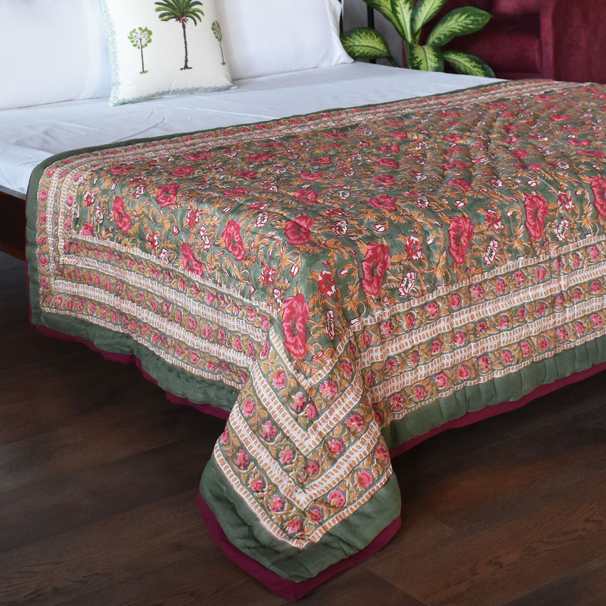 Hand Block Printed Cotton Twin Size Quilt  Pink Flower Bloom 251202