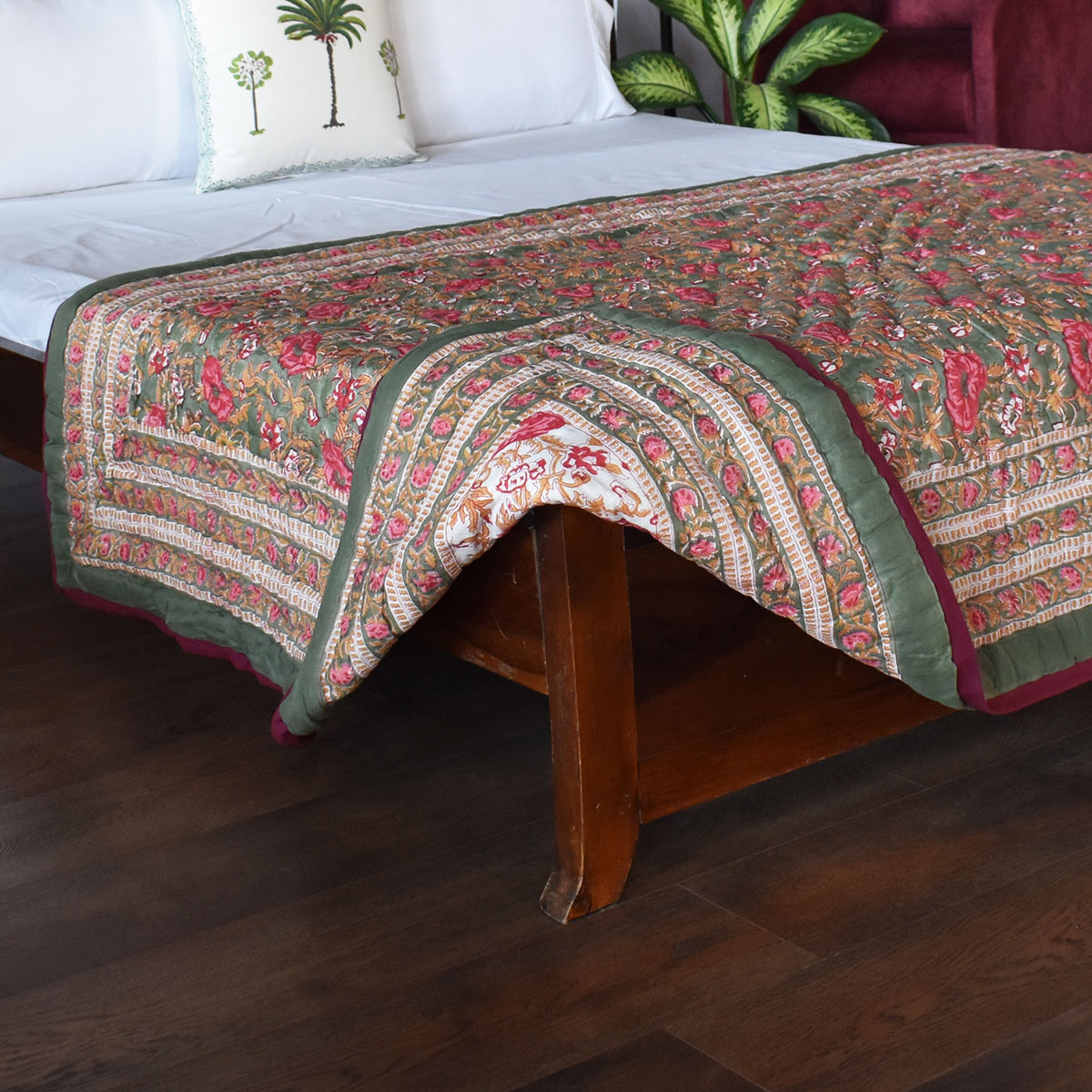 Hand Block Printed Cotton Twin Size Quilt  Pink Flower Bloom 251202