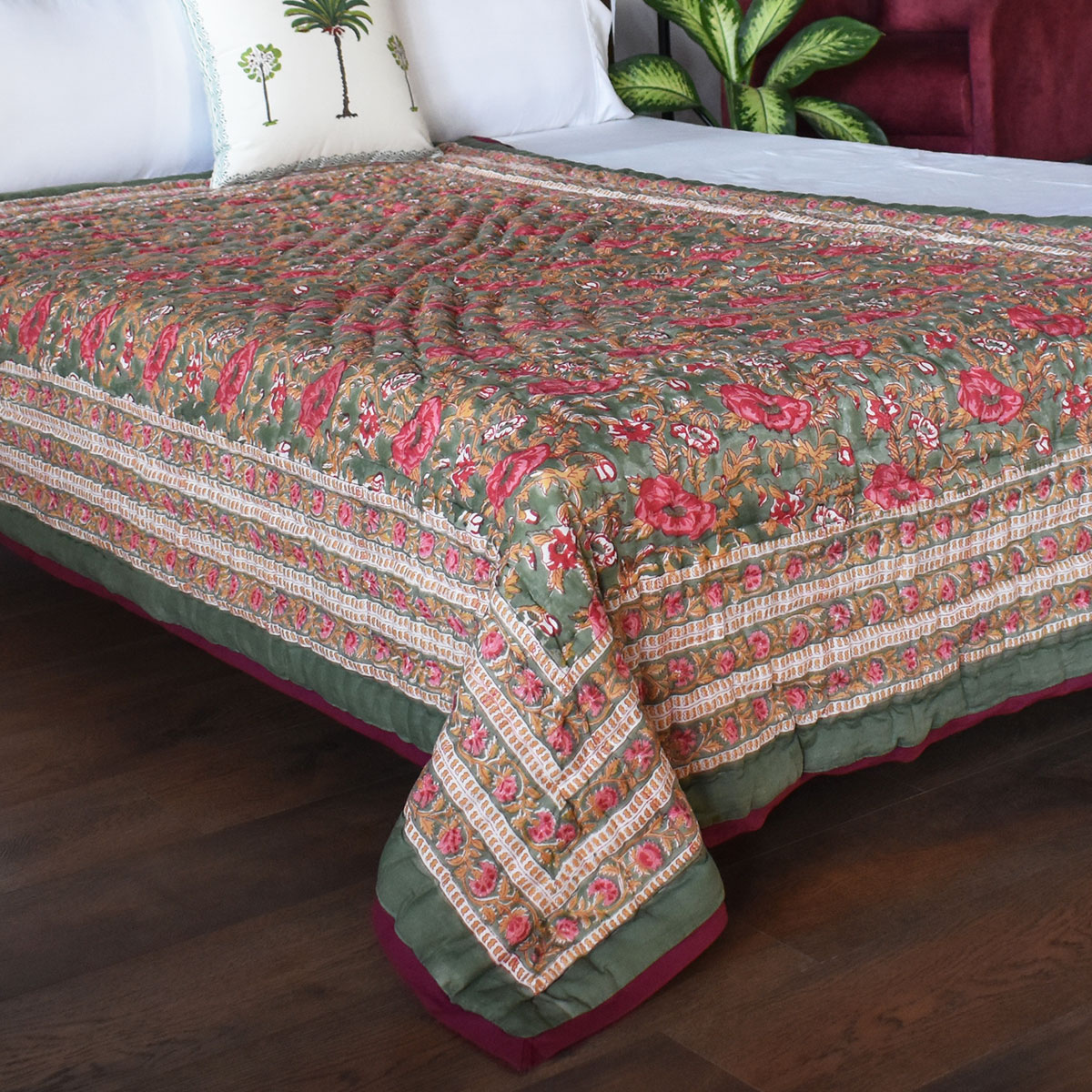 Hand Block Printed Cotton Twin Size Quilt Pink Flower Bloom 251202