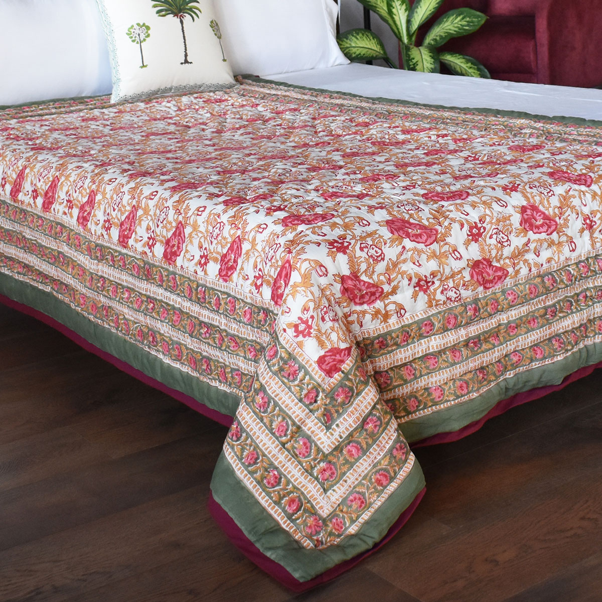 Hand Block Printed Cotton Twin Size Quilt Pink Flower Bloom 251202