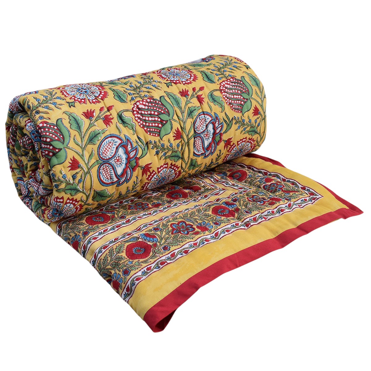 Hand Block Printed Cotton Twin Size Quilt Spring Yellow Garden 251206