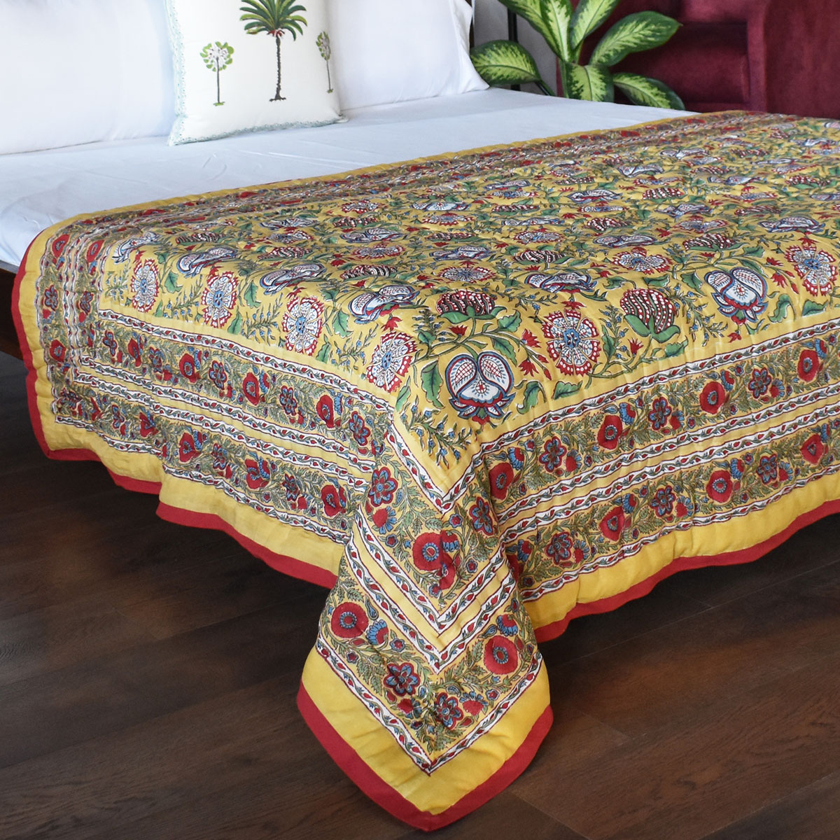 Hand Block Printed Cotton Twin Size Quilt  Spring Yellow Garden 251206