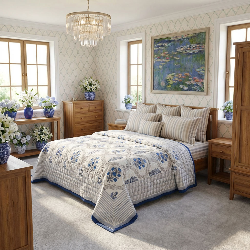 Hand Block Printed Cotton Twin Size Quilt  Shehnaaz Boota 206961