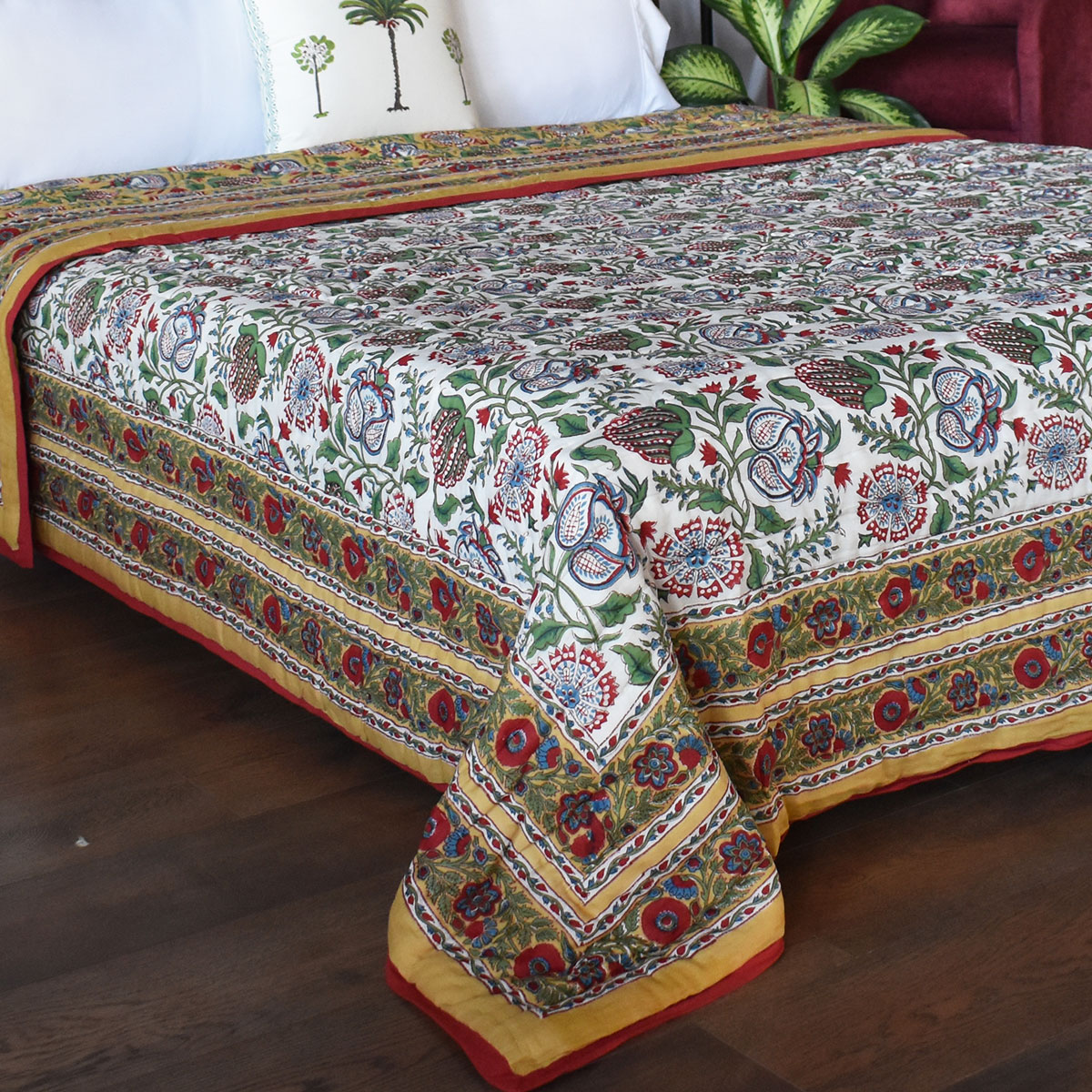 Hand Block Printed Cotton Queen Size Quilt Spring Yellow Garden 251206