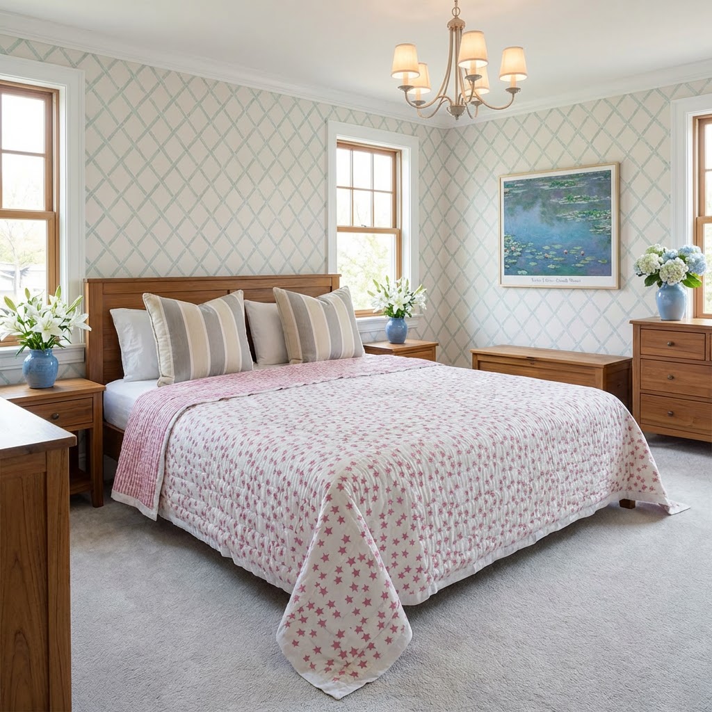 Hand Block Printed Cotton Queen Size Quilt   Star Pink 202511