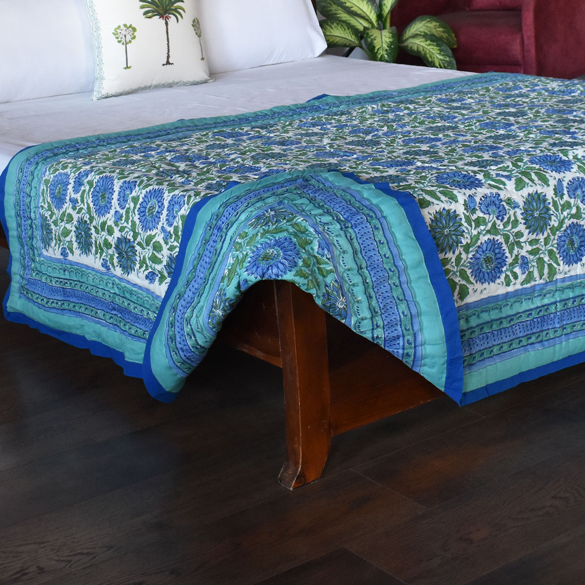 Hand Block Printed Twin Size Quilt Surajmukhi Blue 10240